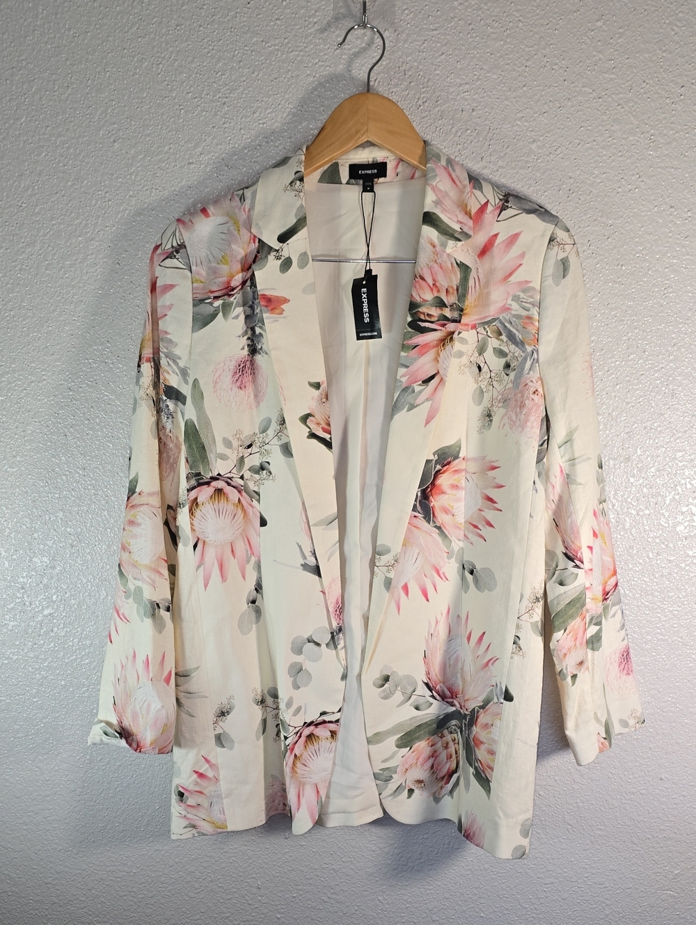 Express Cream Floral Linen Blazer with Pink & Green Print